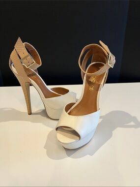 Aldo White and Tan High Heel Platform Sandals